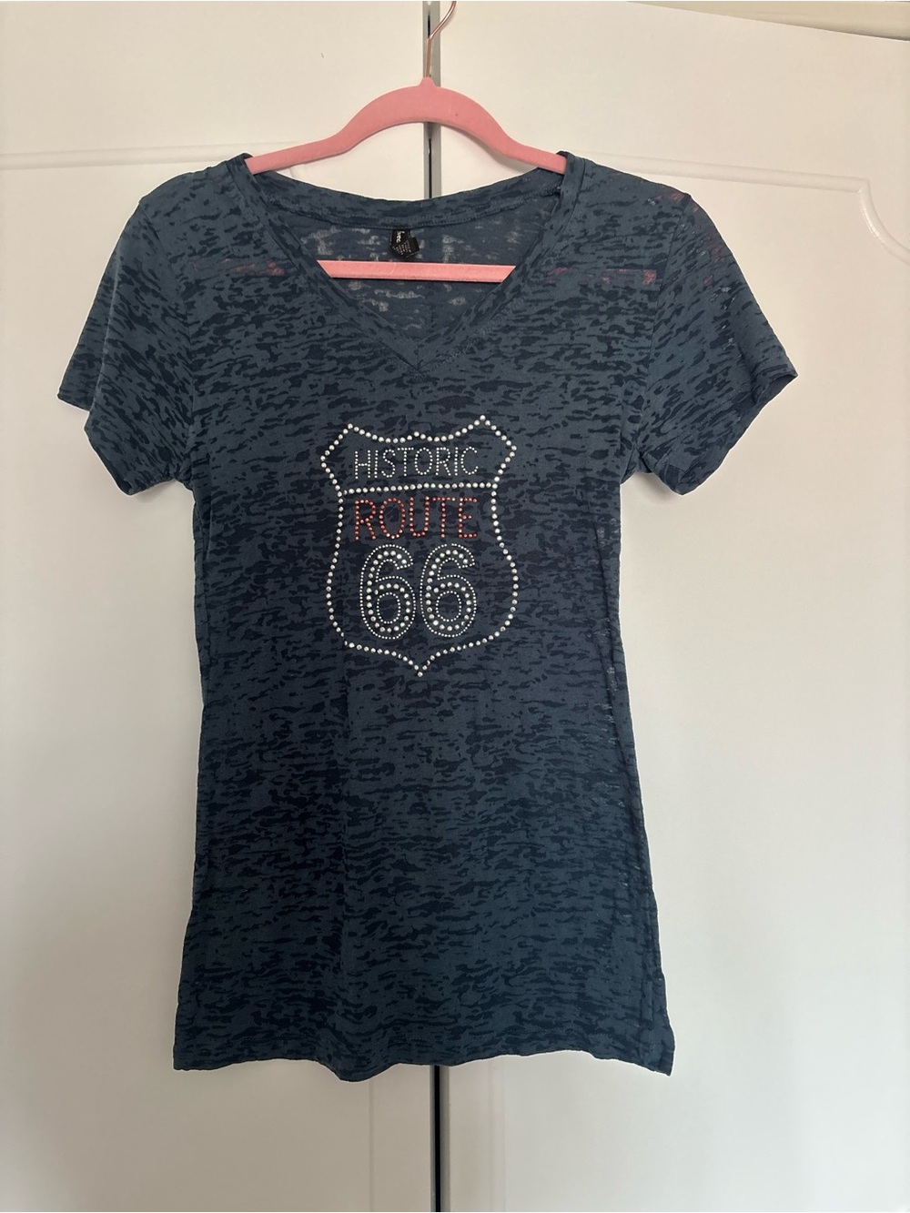 Route 66 Rhinestone V-Neck Tee - Blue